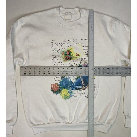 VINTAGE Floral Flower Graphic Crewneck Sweatshirt Women Large White USA 90s - Picture 5 of 5